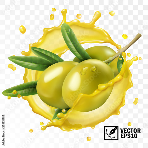 3d realistic isolated transparent vector splash of olive oil with a branch of olive fruits with leaves