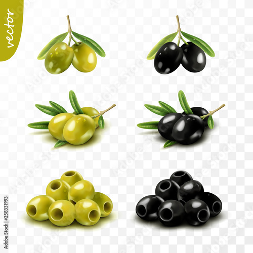Isolated 3D green and black olives with leaves, seedless, realistic vector set