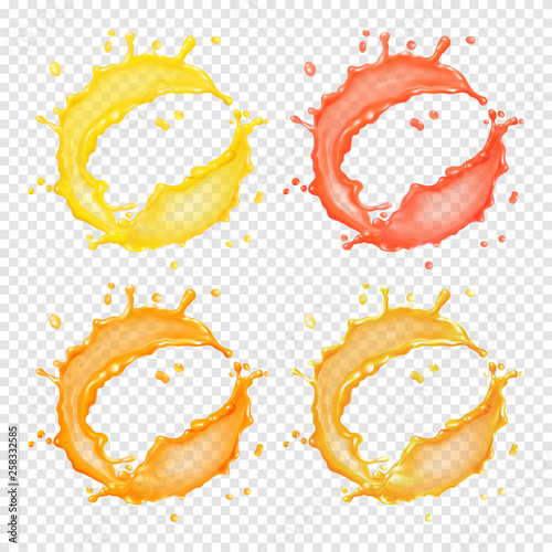 3d realistic transparent vector circular splash of liquid, juice, tea, oil or paint