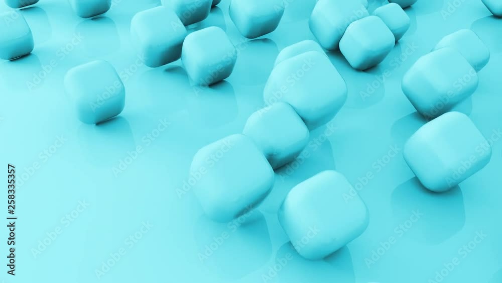 Abstract 3d shapes turquoise cubes flying on soft surface. 4k render animatioon. Looping footage.