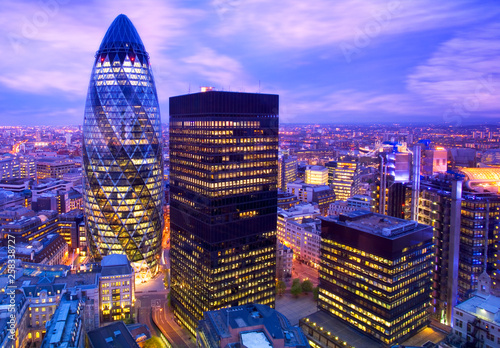 Elevated view of the financial district of London at duskLondon, England., London, England.