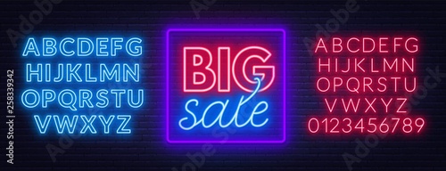 Big sale neon sign on brick wall background. Neon fonts. Vector illustration