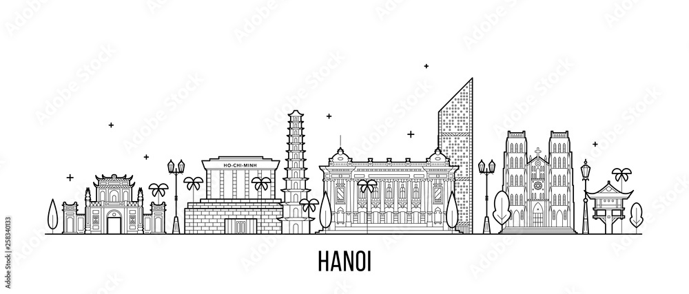 Hanoi skyline Vietnam city buildings vector linear Hanoi skyline Vietnam city buildings vector linear