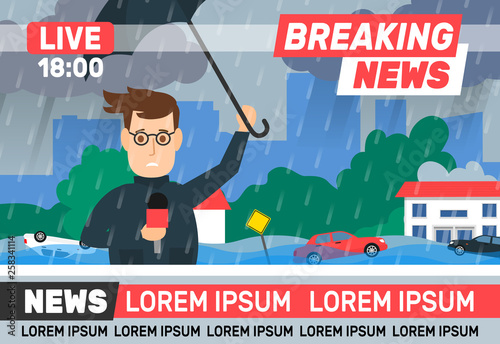 breaking news reporter journalist live broadcasting  rainy weather  storm flood city