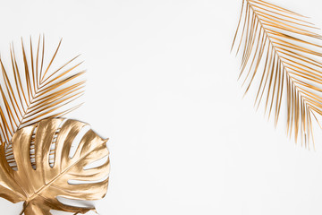 Golden tropical leaves on white background