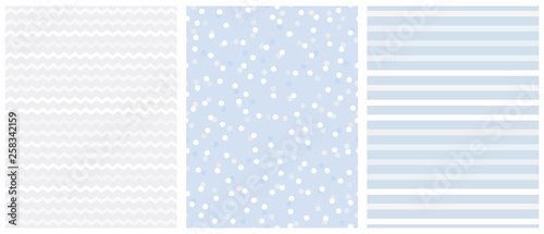 Cute White and Blue Geometric Seamless Vector Pattern Set. Polka Dots and Vertical Stripes on a Light Blue Background. Tiny Chevron on a Light Gray Layout. Lovely Pastel Color Infantile Design. 