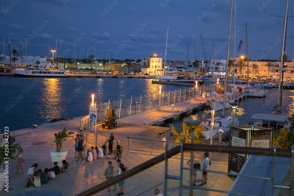 La Sabina harbor by night Formentera island in Balearics Spain