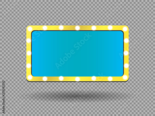 Shining rectangle banner isolated on transparent backgroung with golden lights effects. Makeup mirror. Gold frame with bulbs lable for text. Vector illustration eps 10.