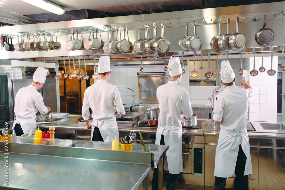 Modern kitchen. Cooks prepare meals on the stove in the kitchen of the restaurant or hotel. The fire in the kitchen. Modern kitchen. Cooks prepare meals on the stove in the kitchen of the restaurant or hotel. The fire in the kitchen.