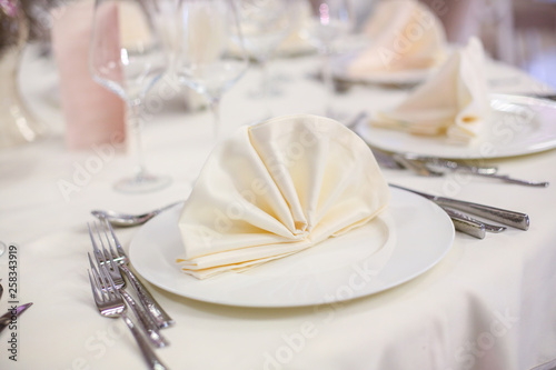 Decorated plate at a wedding reception, selective focus
