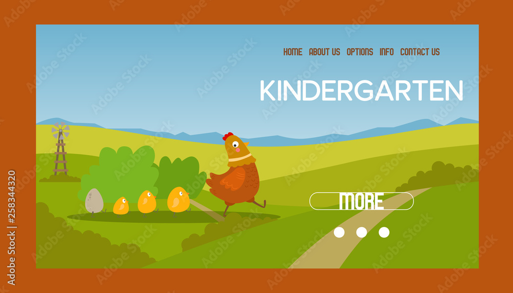 Fototapeta premium Adorable hen and chicks banner vector illustration. Chicken with brood. Cute lovely family of domestic fowl or poultry birds on meadow. Website design of kindergarten. Farming.