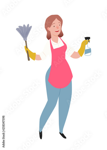 Cleaning woman. The cleaner stands in pink apron. In hands spray and a brush for removal of dust. Character illustration isolated on white background. People vector illustration in flat style.
