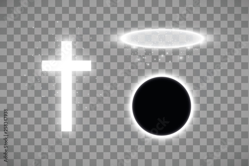 Set of shining white cross and halo ring of white angel and total eclipse of the sun on a transparent background. Glowing holy cross. Vector illustration