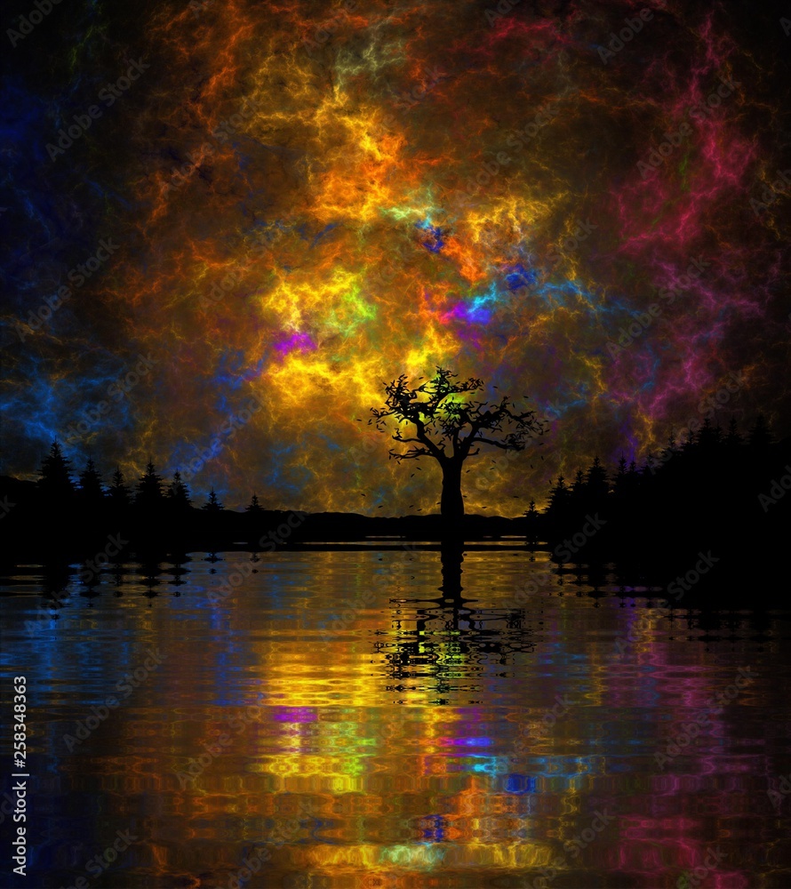 Fantastic sunset plasma sky with reflection of trees on the water