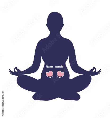 Expecting mother silhouette in yoga pose in multiple pregnancy isolated on white