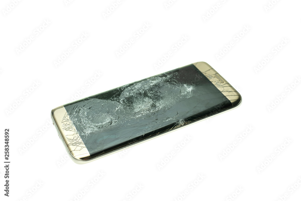 Smart phone screen is cracked on white background Smart phone screen is cracked on white background