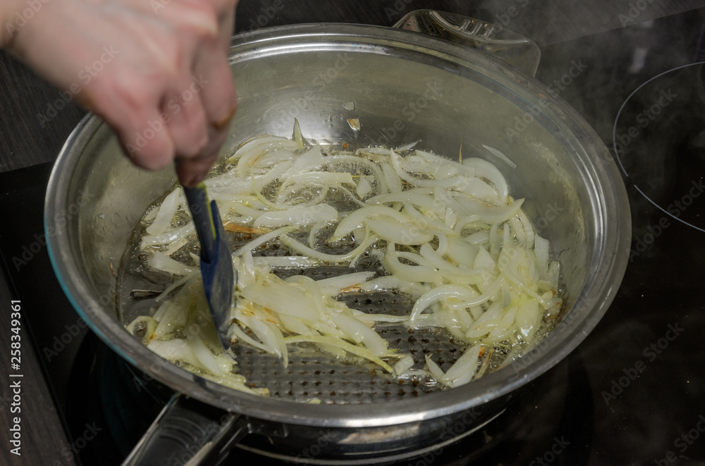 Cook fries onion in the pan on sunflower oil Cook fries onion in the pan on sunflower oil