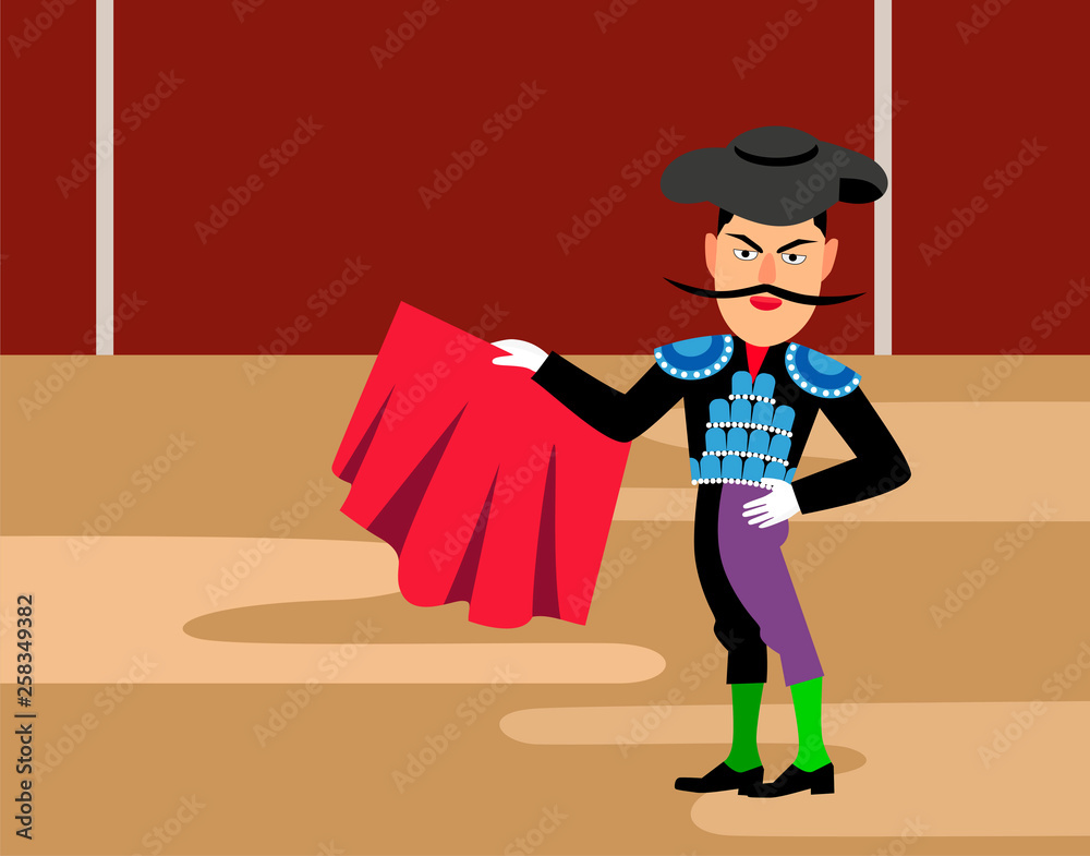 spanish matador cartoon clipart. Bullfighting vector illustration. Toreador  man in red cape. Traditional spainish corrida. Stock Vector | Adobe Stock