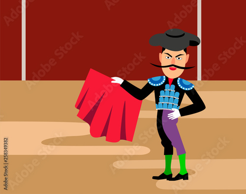 spanish matador cartoon clipart. Bullfighting vector illustration. Toreador man in red cape. Traditional spainish corrida. 
