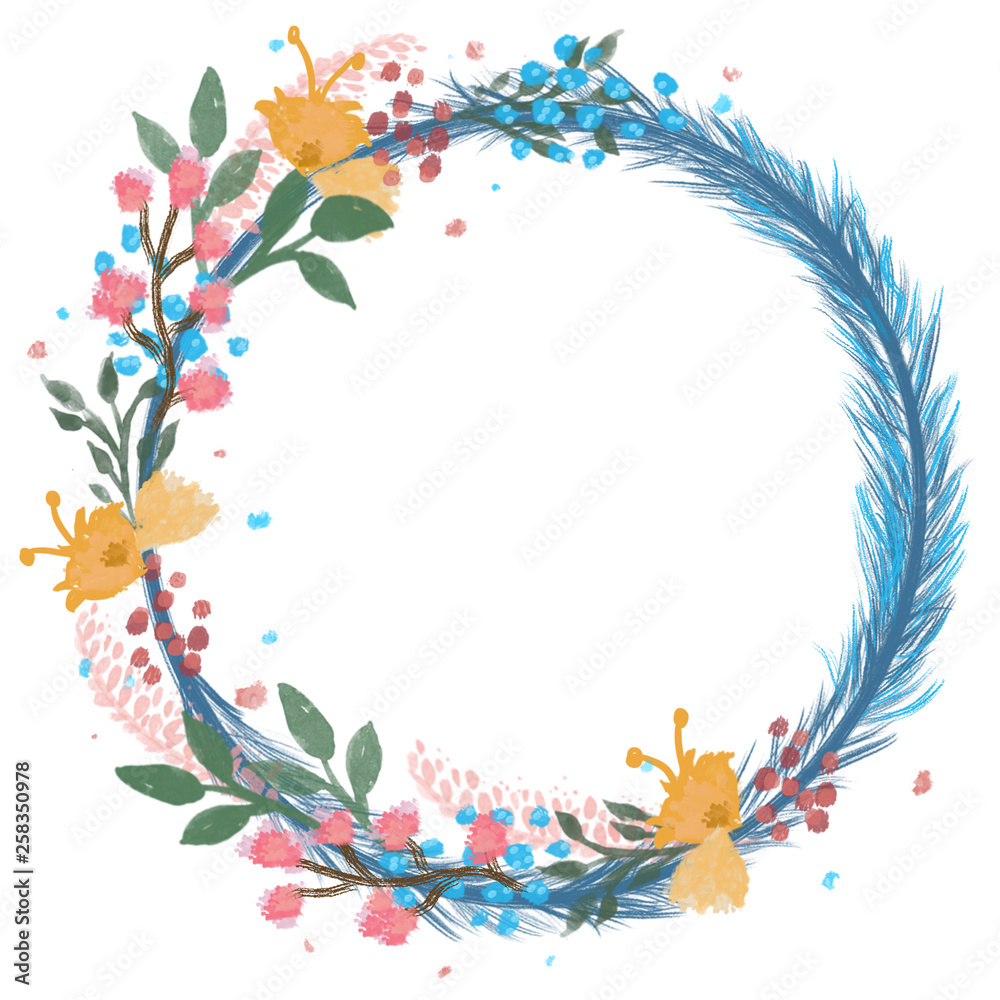 Blue Feathered Watercolor Bright Wreath