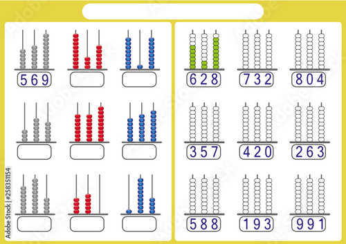 Abacus for Numbers up to 999, math worksheet for kids