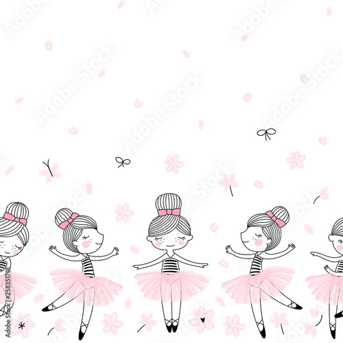 Cute dancing ballerina girls pattern. Ballet themed seamless background. Simple cute girlish surface design. Perfect for girl fashion fabric textile, scrap booking, wrapping gift paper.