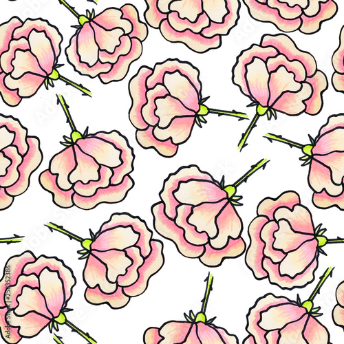 Seamless floral pattern. Flowers painted with markers. Print for fabric and other surfaces