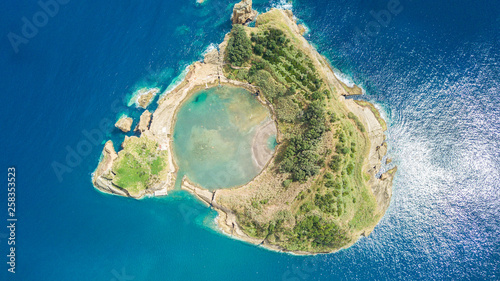 Top view of Islet of Vila Franca do Campo is formed by the crater of an old underwater volcano near San Miguel island, Azores archipelago, Portugal.