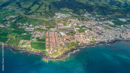 Aerial view of the cliffs and coves by the coast in the Azores, Portugal.