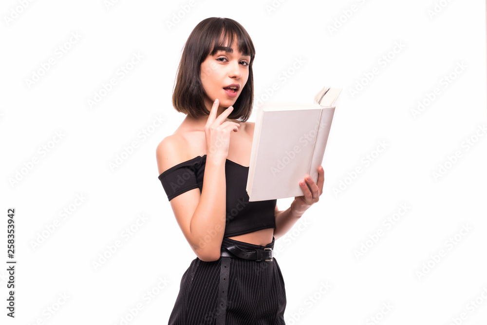 Young woman reading book on a white background Young woman reading book on a white background