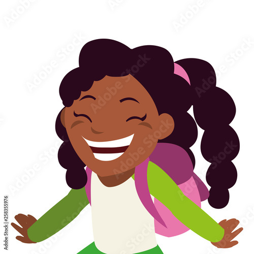 happy little black schoolgirl with schoolbag character