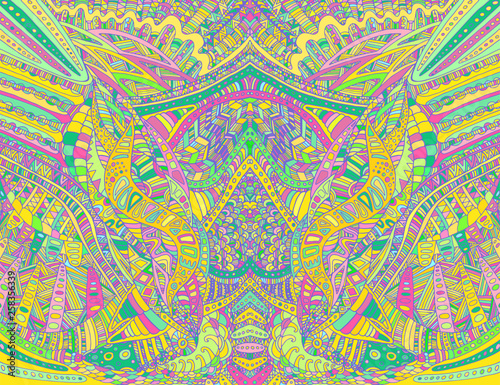 Rainbow psychedelic colorful symmetrical  pattern. Fantasy abstract decorative texture with doodle maze of ornaments. Vector hand drawn bright illustration.