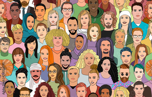 A large set of faces of young people of different nationalities. Seamless drawn creative pattern.