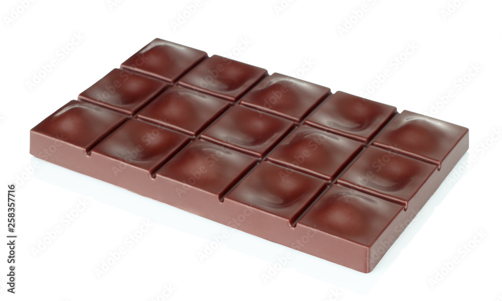 Dark chocolate pieces isolated on white background