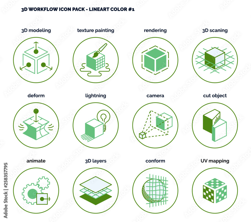 3D Design & Workflow icon set - green line 3D Design & Workflow icon set - green line