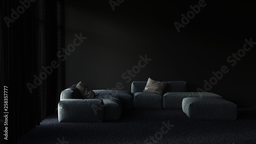 Obraz na plátně Dark living room interior lit by moonlight