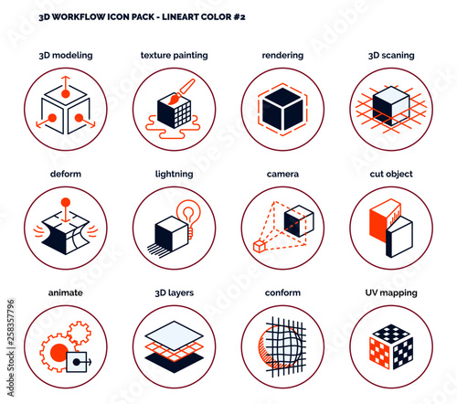 3D Design & Workflow icon set - orange line