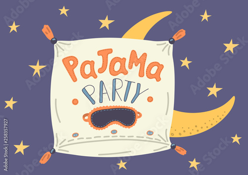 Pajama Party. Cute hand drawn pillow with lettering 