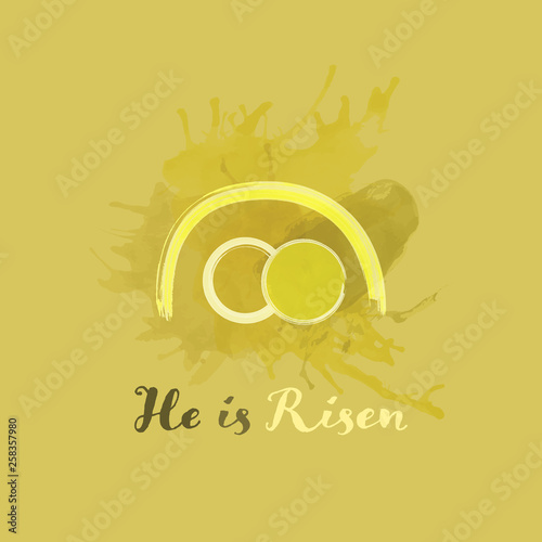 Christian worship and praise. Empty tomb in watercolor style. Text : He is Risen