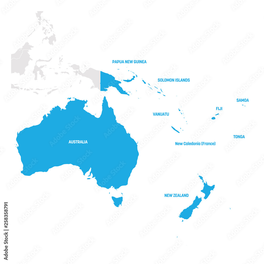 Australia and Oceania Region. Map of countries in South Pacific Ocean. Vector illustration
