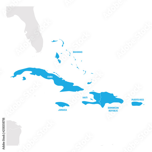 Caribbean Region. Map of countries in Caribbean Sea in Central America. Vector illustration