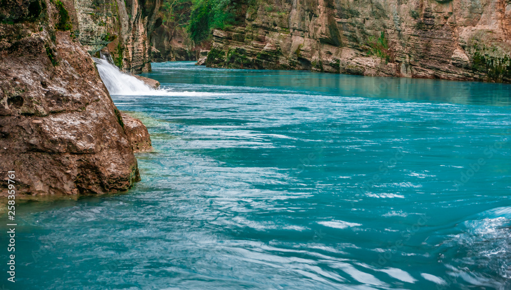 Amazing river landscape from Koprulu Canyon in Manavgat, Antalya, Turkey. Blue river. Rafting tourism. Koprucay. Beauty in nature.