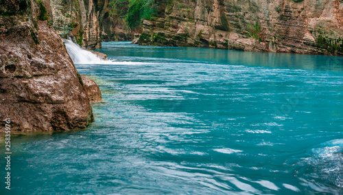 Amazing river landscape from Koprulu Canyon in Manavgat, Antalya, Turkey. Blue river. Rafting tourism. Koprucay. Beauty in nature.