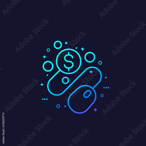 pay per click, ppc icon with mouse and coins, linear vector