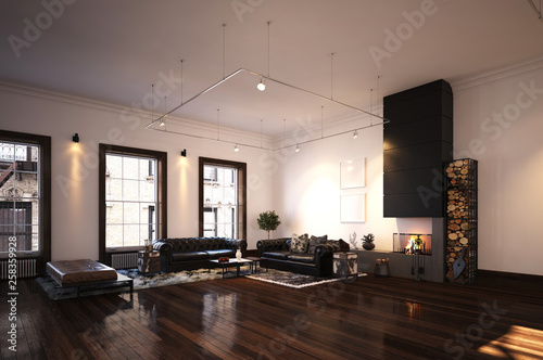 Spacious living room with wooden floor