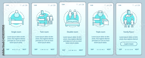 Hotel room types onboarding mobile app page screen vector template