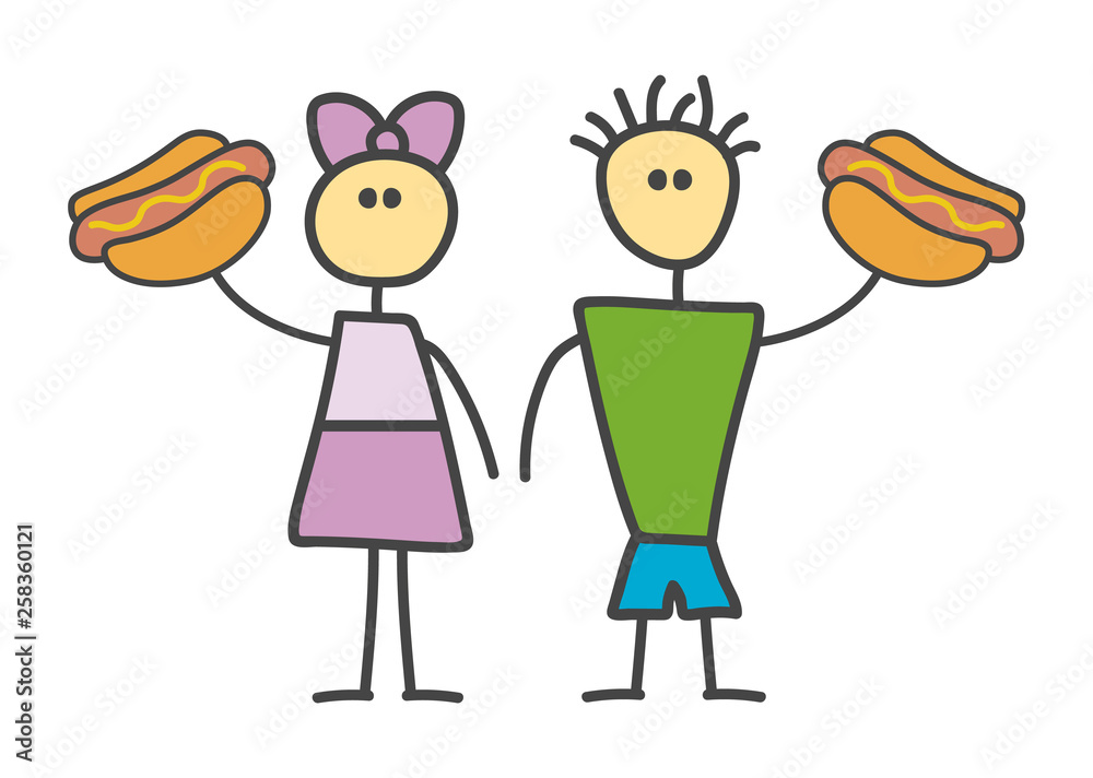Child style funny doodle cartoon hot dog symbol with boy and girl character. Male and female show hotdog. Fast food concept. Child style funny doodle cartoon hot dog symbol with boy and girl character. Male and female show hotdog. Fast food concept.
