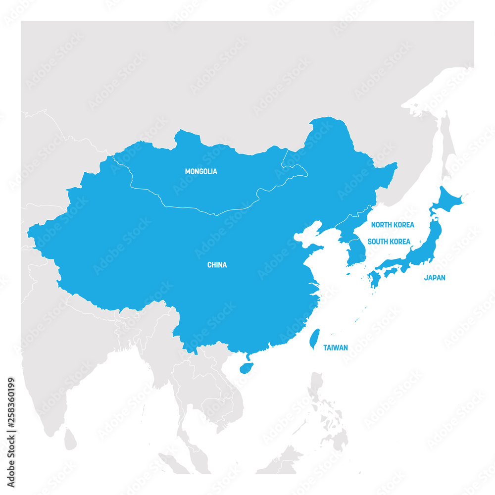 East Asia Region. Map of countries in eastern Asia. Vector illustration