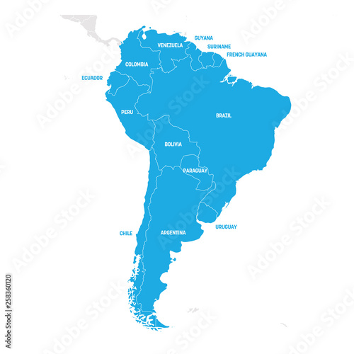 South America Region. Map of countries in southern America. Vector illustration