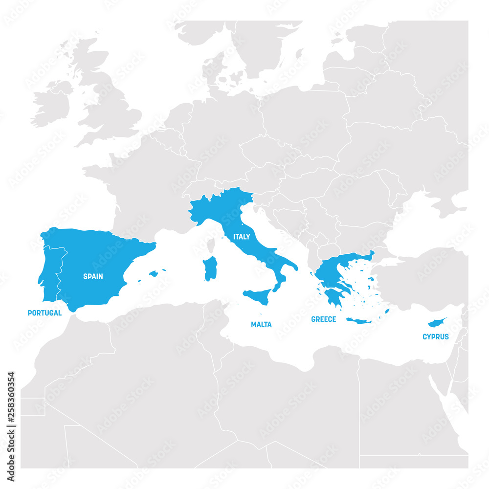 South Europe Region. Map of countries in southern Europe around Mediterranean Sea. Vector illustration